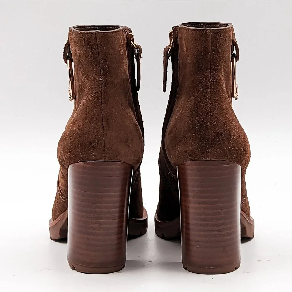 Tory Burch Women Sofia 85 Lug Sole T Logo Heeled Brown Suede Boots size 5 - Picture 6 of 11
